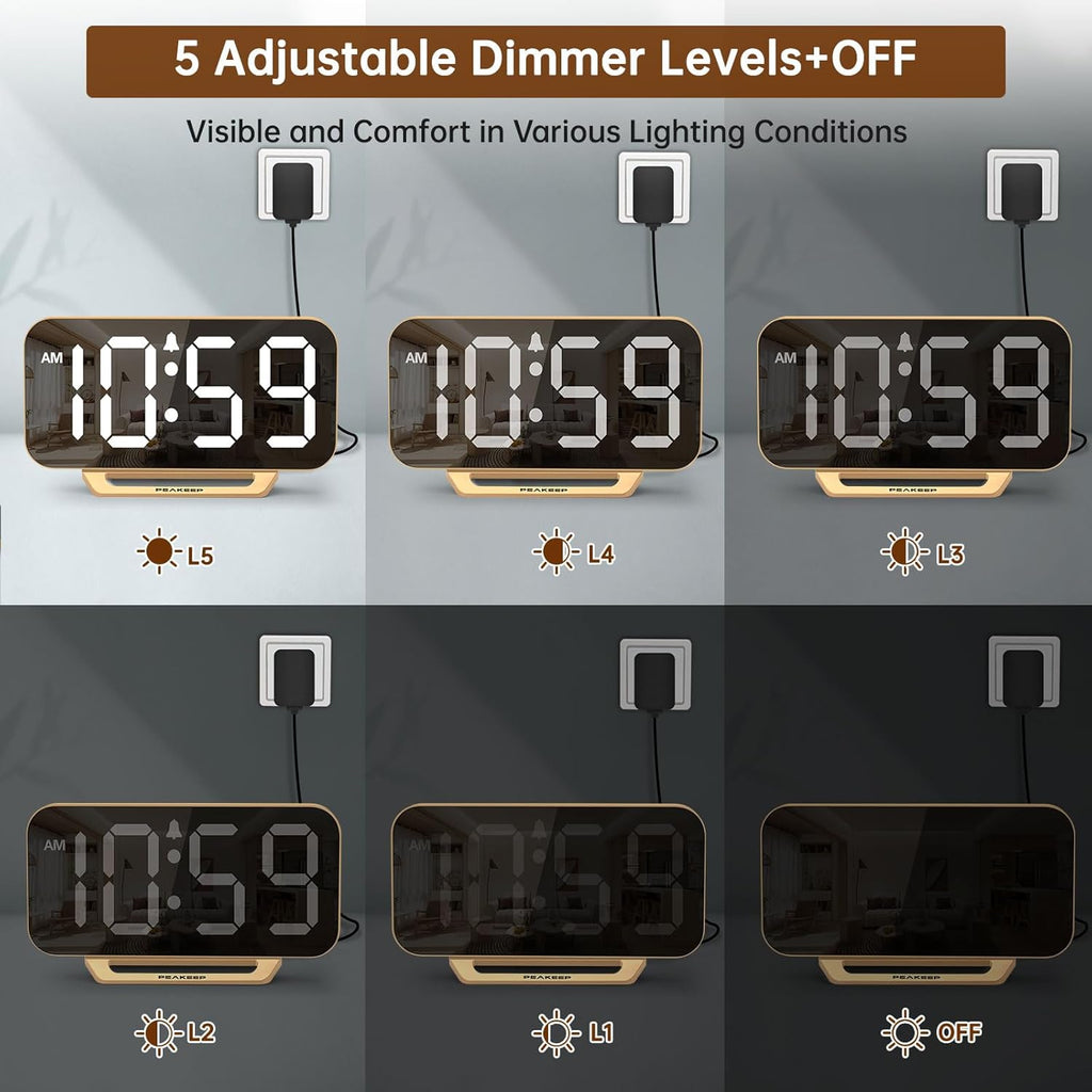 Peakeep Slim Digital Mirror Aesthetic Alarm Clock for Bedrooms