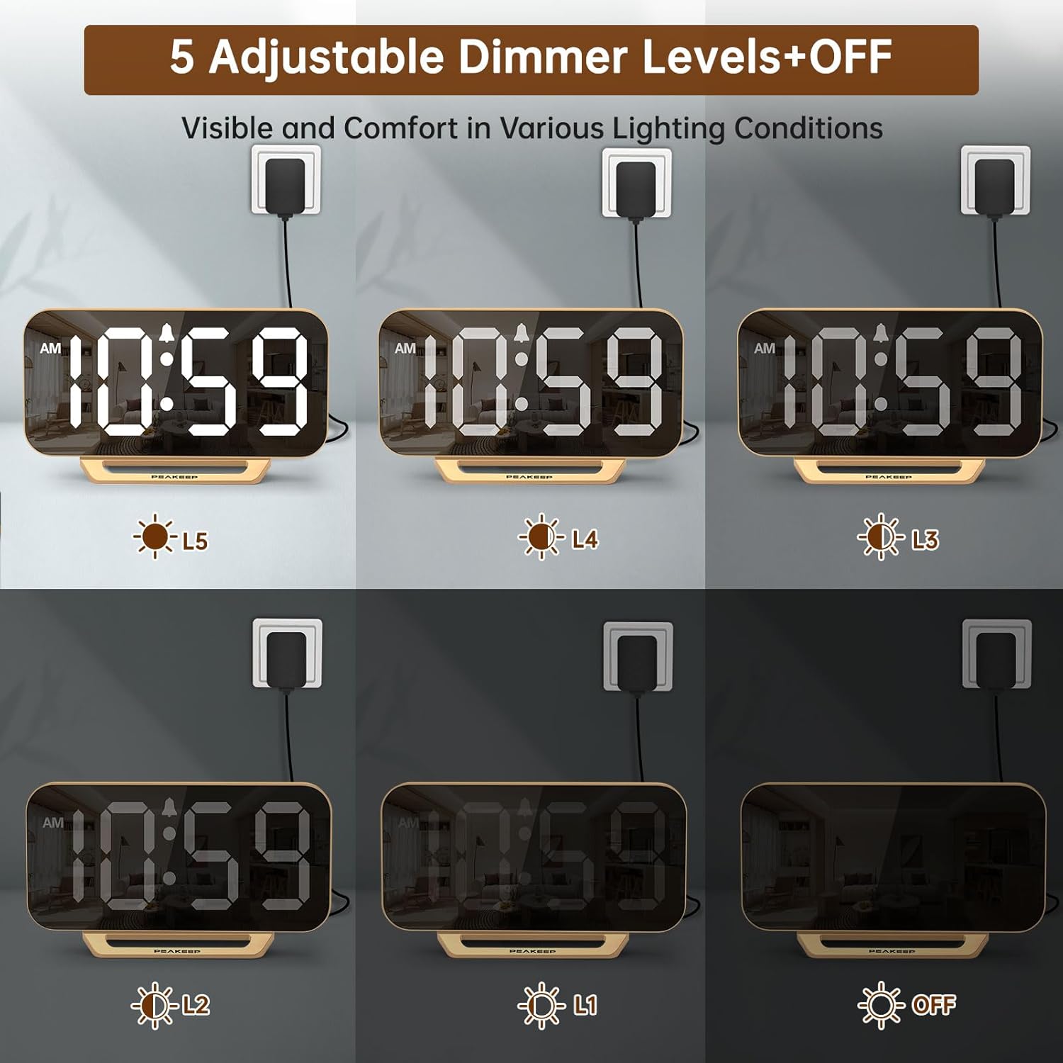 Peakeep Slim Digital Mirror Aesthetic Alarm Clock for Bedrooms